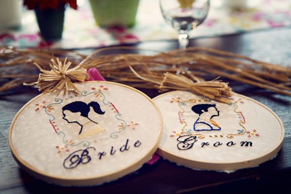 hand stitched embroidering depicting the bride and groom - vintage LA wedding at The Smog Shoppe photo by top Orange County wedding photographer Duke Images